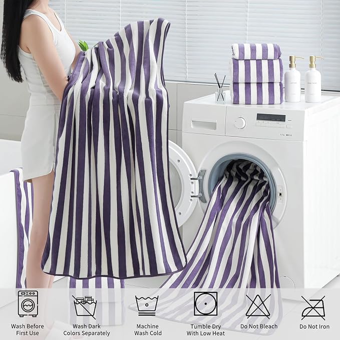 18 Pcs Purple Stripe Bath Towel Set with Hanging Loop-6 Bath Towels,6 Hand Towels,6 Washcloths Soft Family Towels Set Bathroom Towel Highly Absorbent Quick Dry Shower Towel for Beach Spa Gym Hotel