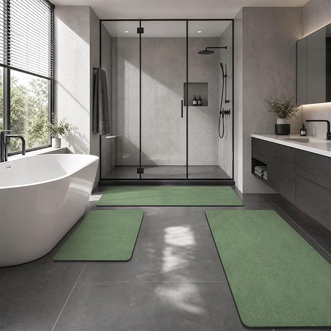 MontVoo -Bath Mat Rug-Rubber Backing Non Slip Quick Dry Absorbent Thin Bathroom Rugs Fit Under Door-Faux Suede Surface Bathroom Floor Mats-Shower Rug for in Front of Bathtub Shower Sage Green 16"x24"