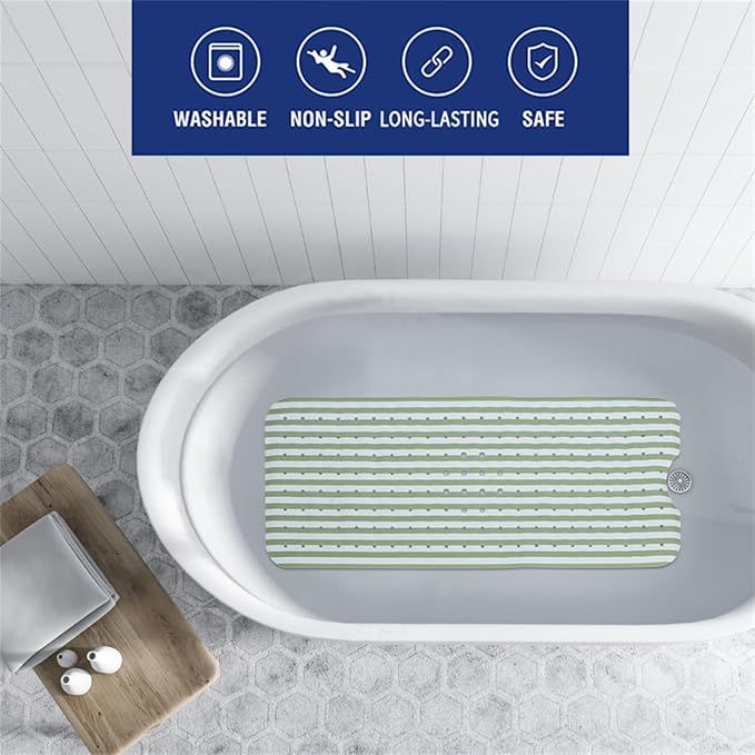 Stripes Green Bathtub Mat Non Slip 40x16 Inch Extra Long Bath Mat, Modern Art Shower Mat Non Slip, Bath Mat for Tub Anti Slip with Large Drain Holes Suction Cups Design Bathroom Mat