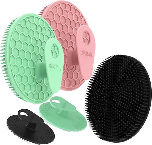 Silicone Body & Face Scrubber Set 5 Pack, BEAUTAIL Gentle Shower Scrubber | Hygienic Silicone Loofah, Easy-Grip Handle, Soft Exfoliating Bath Brush for Sensitive Skin, Women & Men (Black+Pink+Green)