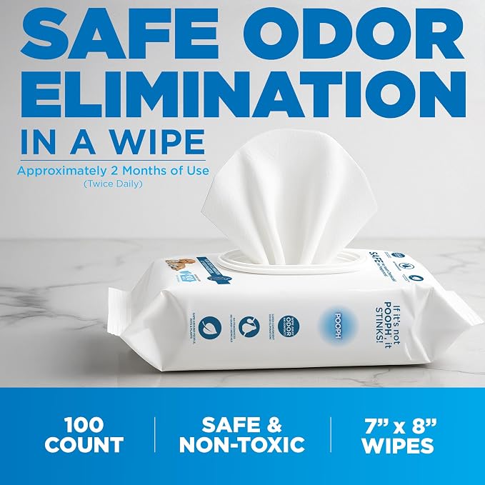 POOPH® Pure Wipes™ – 100 Count Pack – Gentle, Fast Odor Elimination – No Fragrances, No Harsh Chemicals – Cleans Paws, Butt, Ears, Face, Fur – Perfect for Cars, Crates, All Surfaces