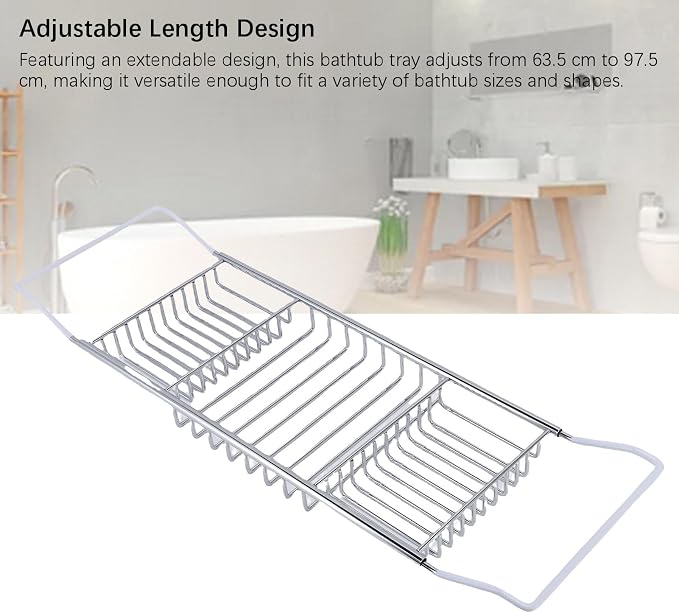 POCREATION Stainless Steel Bathtub Caddy Tray, Expandable 63.5 to 97.5cm / 25 to 38.4in, Modern Bath Organizer (Silver)