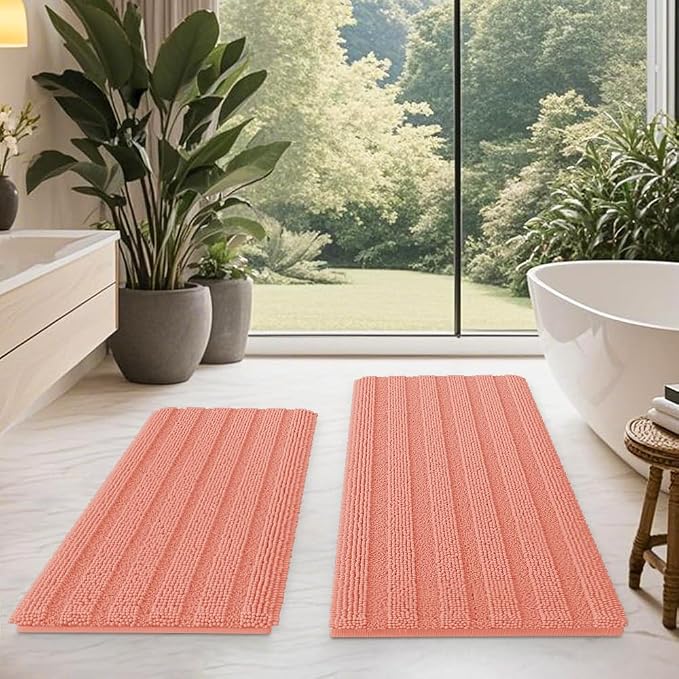 ACCUMTEK Striped Coral Bathroom Rug Mat Set 2 piece 32"x20"+24"x17" Ultra Soft, Non Slip Chenille Bath Rugs, Absorbent Plush Shaggy Bath Mats for Bathroom, Bedroom, Kitchen, Shower, Tub