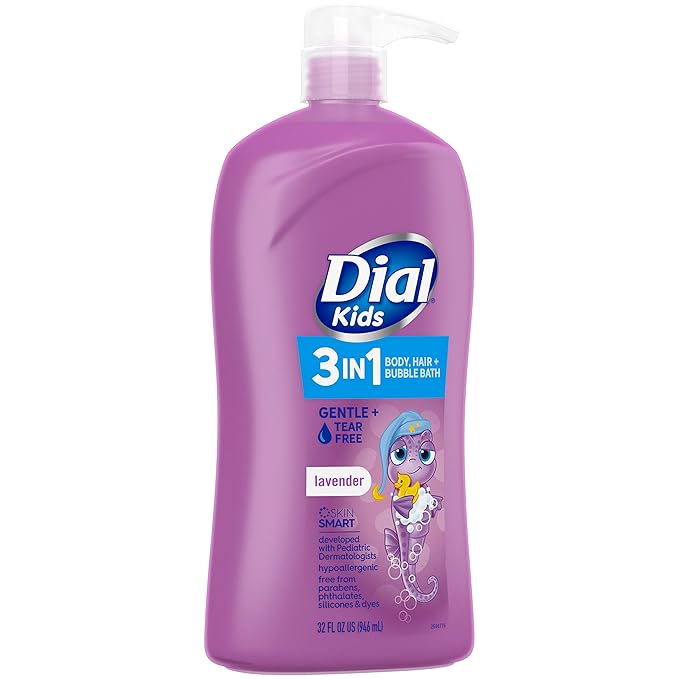 Dial Kids All-in-1 Body + Hair + Bubble Bath, Lavender Scent, 32 Fl Oz, Hypoallergenic Body Wash & Shampoo, No Tears Formula for Kids 2+ Years, No Parabens & Silicones (Pack of 2)