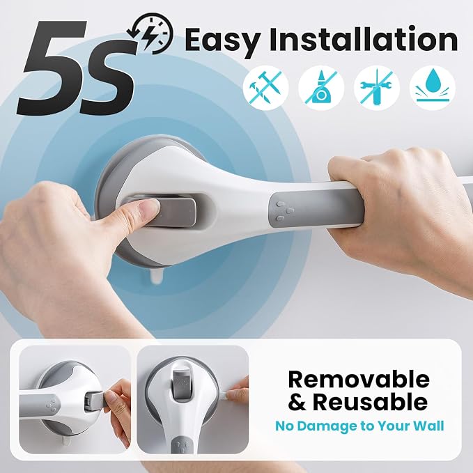 TAILI Shower Grab Bar Glow in The Dark, 2 Pack 16.8 in Grab Bars for Bathtubs and Showers,Shower Handles Rails for Seniors and Elderly,Bathroom Safety Grip Removable No Drilling Waterproof Grey,G9