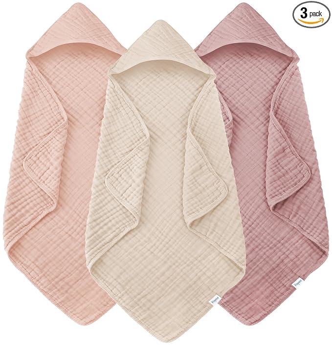 Muslin Hooded Baby Bath Towels - 3 Pack 100% Cotton Ultra-Soft Towels for Newborns, Infants, Toddlers - 32x32 Inch - Highly Absorbent, Quick-Dry Essentials for Bath Time, Beach, Pool, Neutral Series
