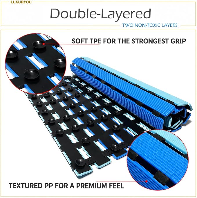 Non Slip Bathtub Mat | Double-Layered Shower Floor Mat with Suction Cups | EZ-Dry Construction | Non-Toxic, BPA, Latex, Phthalate, PVC Free (Wave)
