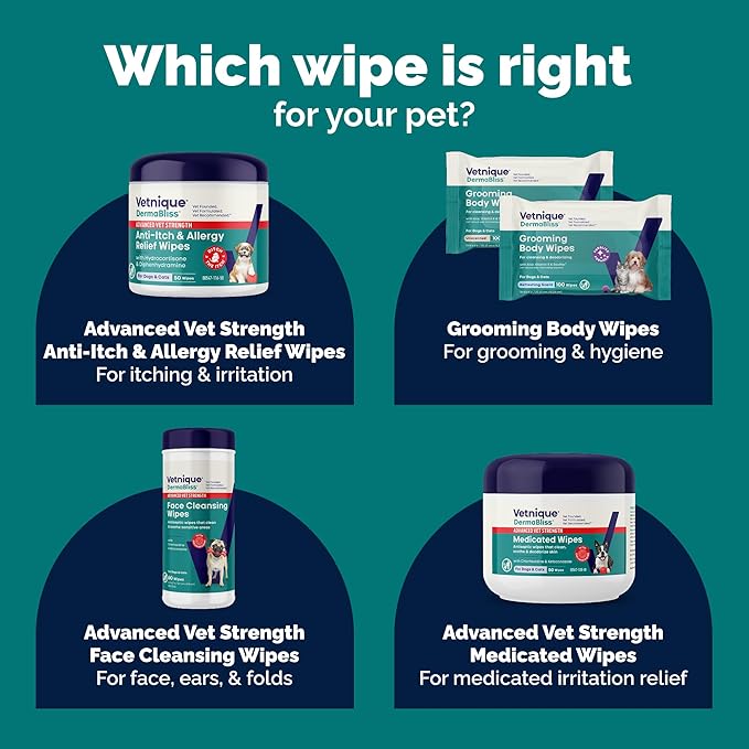 Vetnique Dermabliss Dog Wipes, Fragrance-Free Face Wrinkle & Skin Fold Care, 60ct | Medicated Chlorhexidine & Ketoconazole Dog Grooming, Face & Paw Wipes for Bulldog Wrinkles & Folds; Gentle Daily, Cat-Safe