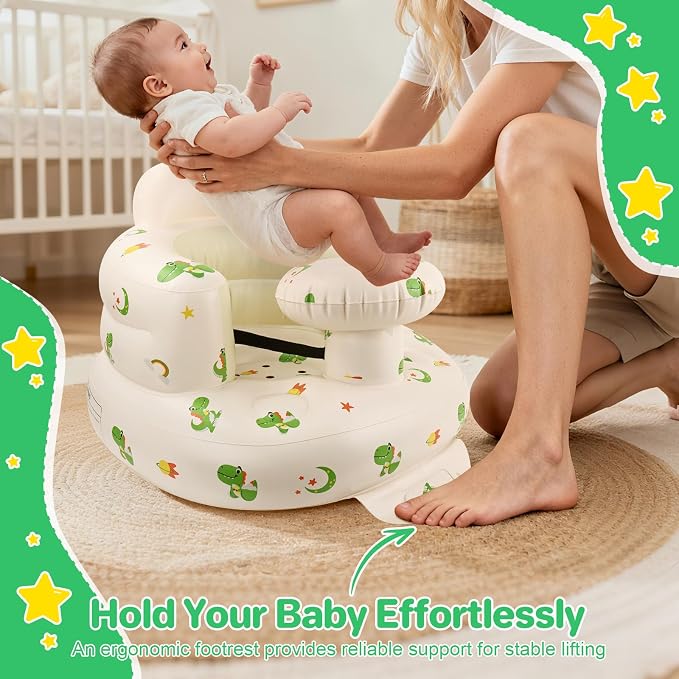BEBOAN Inflatable Baby Seat with Tray for 3 Months Up Baby, Portable Upseat Baby Chair with Safety Strap for Sitting Up, Foldable Blow Up Infant Seat with Built-in Air Pump (Green Dinosaur)