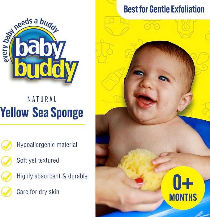 Baby Buddy Natural Yellow Sea Sponge, Newborn Bath Time Essential, Soft and Gentle for Tender Skin, Hypoallergenic and Biodegradable, 2 Pack