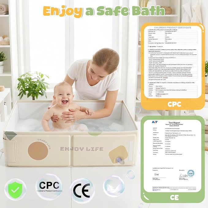 Orzbow Toddler Bathtub with Temperature Sticker, Collapsible Baby Bathtub with Side Drain Plug, Portable Bath Tub for Infant 6 Months+, Easy to Clean, Stable & Durable, Folds to Store, White