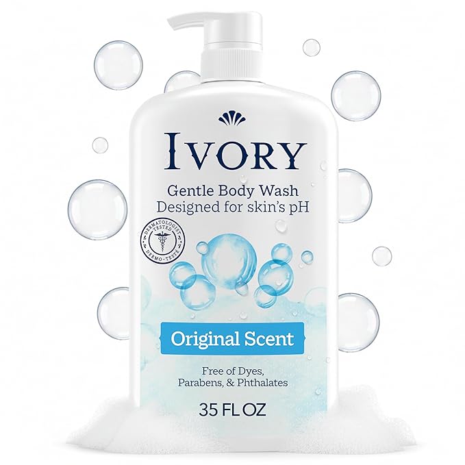 Ivory Body Wash, Designed for the Whole Family, Gentle Formula, Free of Dyes Heavy Perfumes Parabens Phthalates & Silicones, for Sensitive Skin, Designed for Skin's pH, Original Scent, 35 oz