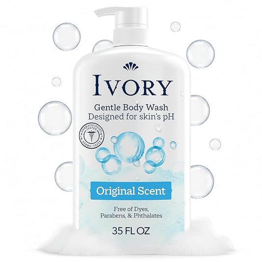 Ivory Body Wash, Designed for the Whole Family, Gentle Formula, Free of Dyes Heavy Perfumes Parabens Phthalates & Silicones, for Sensitive Skin, Designed for Skin's pH, Original Scent, 35 oz