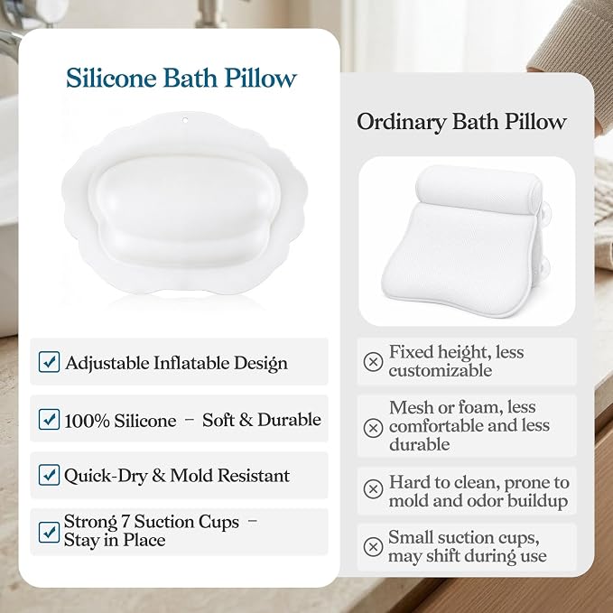 Bath Pillow for Tub, Inflatable Silicone Bathtub Pillow for Head & Neck Support, Adjustable 0-2.3" Height, 7 Strong Suction Cups, Waterproof, Quick-Drying, Luxury Spa Gifts for Women Men (White)