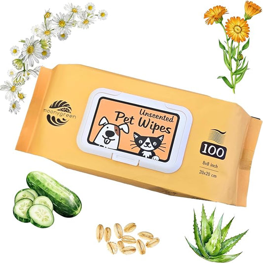 Pet Wipes for Dogs & Cats – Hypoallergenic & Gentle – with Aloe, Oat Extract, Chamomilla, Cucumber, Calendula & Vitamin E – for Cleaning Paws, Face & Body – Unscented – 100 Count