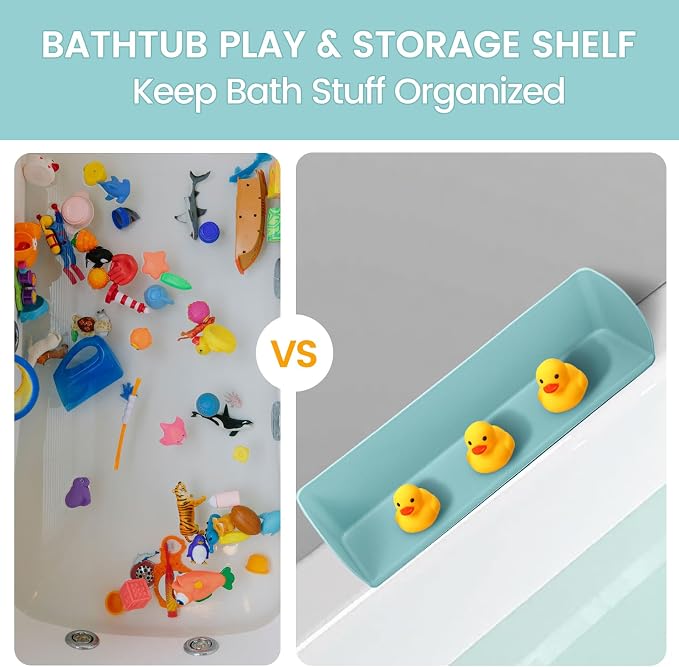 Silicone Bathtub Splash Guard with Strong Suction Cups, Bath Toy Holder & Water Spill Protector for Kids, No-Mess Play Shelf Organizer, Toddler Bath Essentials (Green)