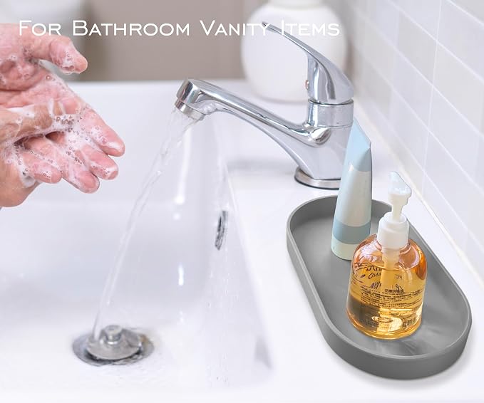 Gray Small Oval Tray (10 inch), 3 Pack, Countertop Organizer | for Kitchen Counter, Bathtub Bathroom Vanity Items, Coffee Accessory, Bar, Serving Seasoning, Salt and Pepper, Soap, Perfume.
