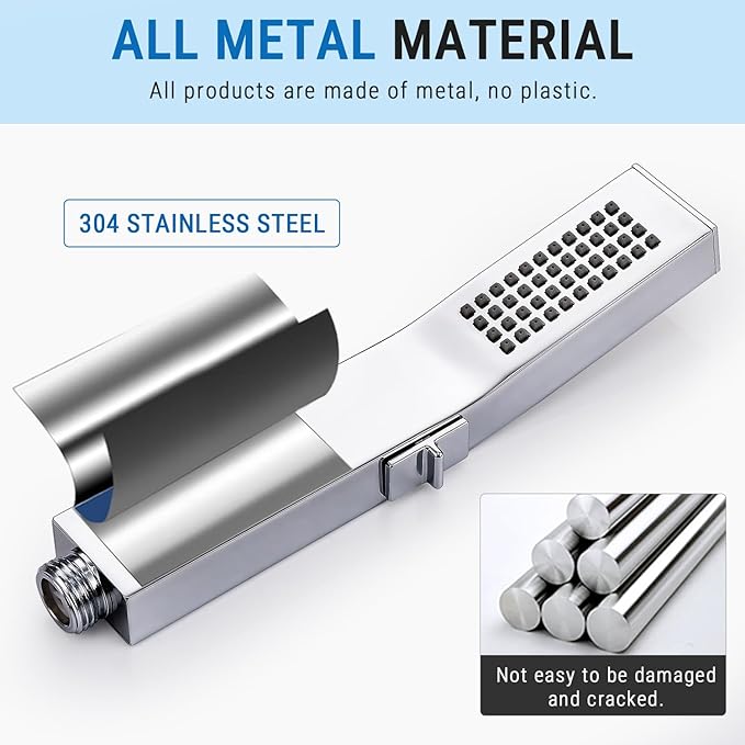 G-Promise All Metal Handheld Shower Head Built-in Power Wash Mode, with 70 Inch Stainless Steel Shower Hose Extra Long and Dual Purpose Hand held Holder, Side Push Button, Chrome