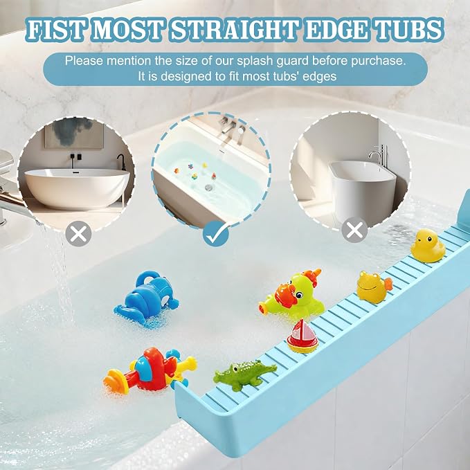 Splash Guard for Bathtub with 11 Suction Cups, 31in Silicone Bath Tub Play Shelf , Bathroom Holder, Bath Accessories Storage, Bath Tray, Bathroom Accessories(Blue)