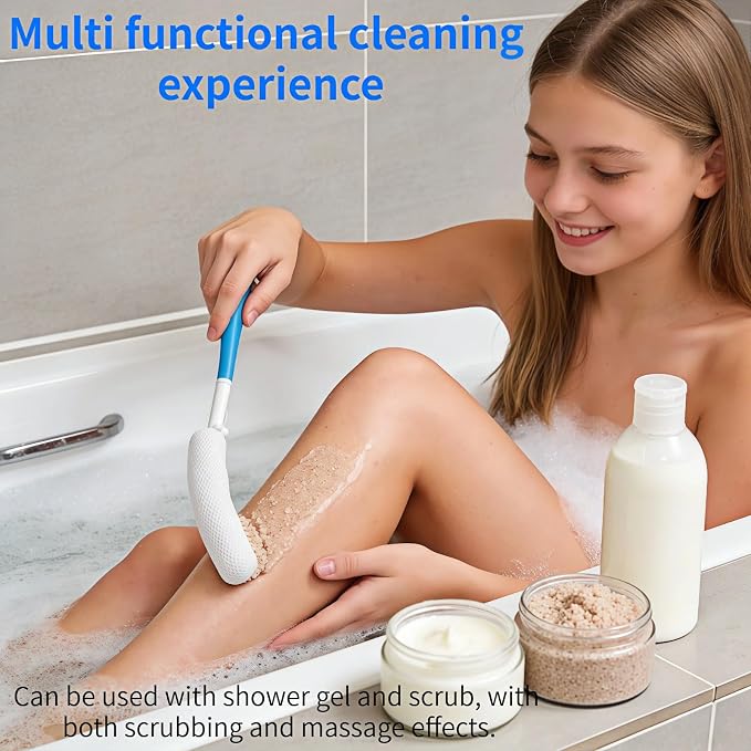 Long Handle Bath Brush for Elderly, Shower Scrubber for Back Exfoliation, Non-Slip Grip for Seniors & Pregnant Women, 15.35 Inch Body Scrubber for Effortless Independence, Blue
