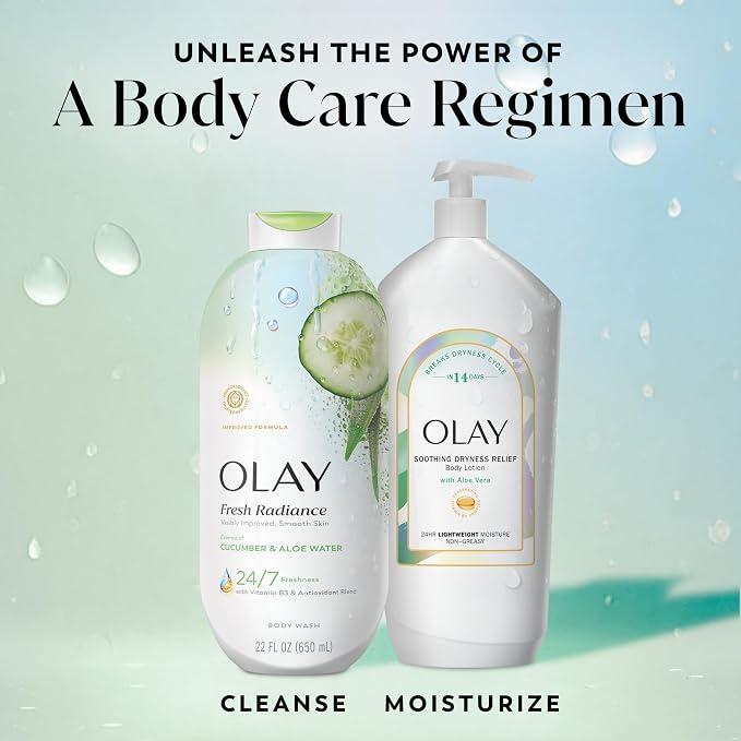Olay Body Wash for Women, Fresh Radiance, 24/7 Skin-Loving Freshness, Visibly Radiant, Plant Based Cleansers, Vitamin B3 & Antioxidant Blend, For All Skin Types, Cucumber & Aloe Water Scent, 22 fl oz