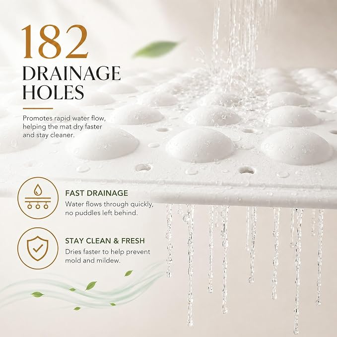 Bathtub Mat Non Slip, Odor-Free TPE with Suction Cups, White, 40" × 16" | Soft shower bath mat with quick-drain holes and machine-washable care for clean, smooth tub surfaces; light and easy to lift.