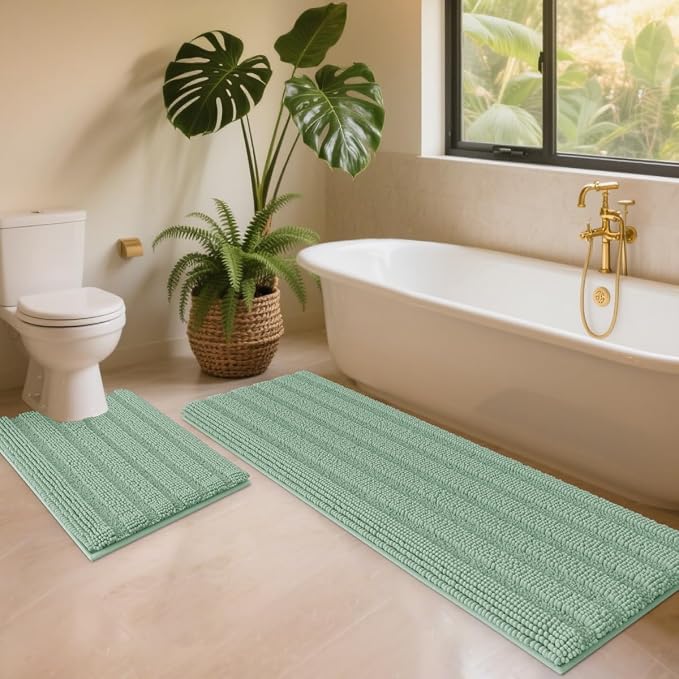 ACCUMTEK Christmas Striped Sage Green Toilet Bathroom Rug Mat Set 2 piece Rug Ultra Soft, Non Slip Chenille Bath Rugs, Absorbent Plush Shaggy Bath Mats for Bathroom, Bedroom, Kitchen, Shower, Tub