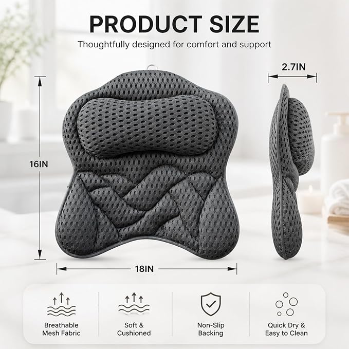 Bath Pillow for Tub,3D Mesh Neck Support,Non-Slip Suction Cups,Grey | Butterfly Design Bathtub Pillow with Bath Puff,for Head Neck Shoulder,Fast Drying,Machine Washable,Shower Gift for Adult
