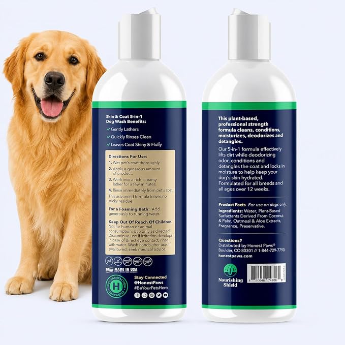Honest Paws Dog Shampoo and Conditioner - Premium Dog Wash for Allergies and Dry, Itchy, Moisturizing for Sensitive Skin - Sulfate Free, Plant Based, All Natural - Oatmeal & Aloe -16 Fl Oz