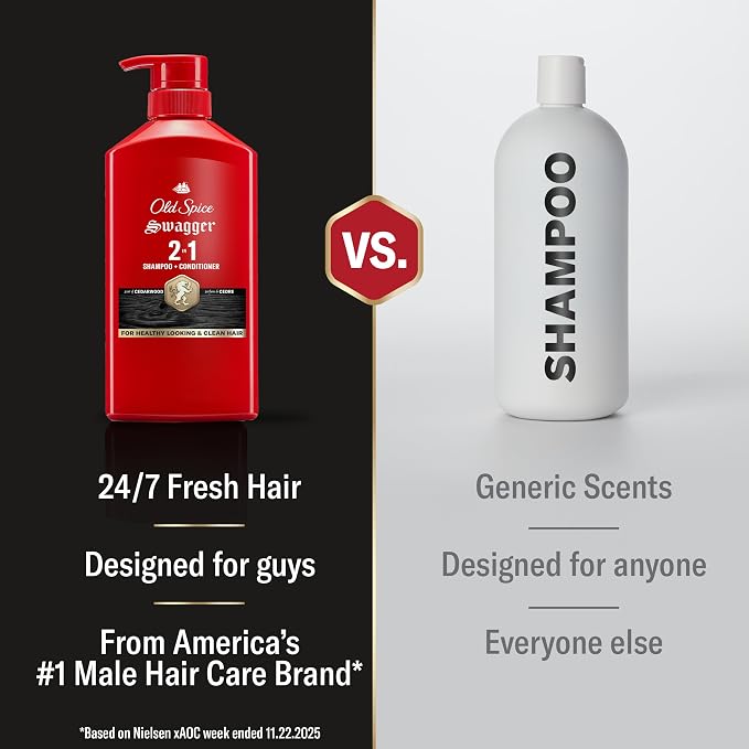 Old Spice Mens 2-in-1 Shampoo and Conditioner, Swagger, Cedarwood Lime Scent, For All Hair Types, Healthier, Fuller, Moisturized Looking Hair, Barbershop Quality, Remove Dirt & Oil, 21.9 fl oz