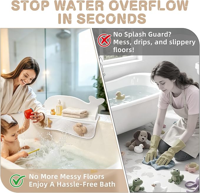 MCGMITT Splash Guard for Bathtub, Whale Silicone Bath Shelf for Kid, Bath Toys Storage with 130 Suction Cups, Leak-Proof Foldable Toddler Tub Water Barrier, Prevent Water Spills in Bathroom