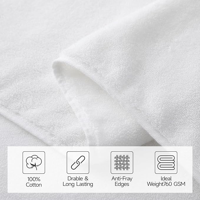 REDKISS Luxury White Bath Towels Set of 2, 100% Cotton 760GSM Heavyweight Bath Sheets, 31 x 63 Inch Oversized Large Bath Towels, Soft Plush Fluffy, Highly Absorbent Quick Dry Hotel Collection