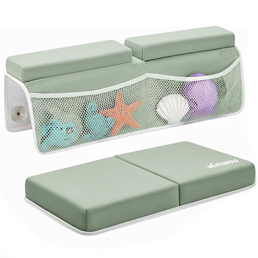 UBRAVOO Baby Bath Kneeler with Elbow Rest Pad, Non-Slip Foam Mat, Quick-Drying Cushion, Foldable Bathtub Support with Toy Storage Pockets for Parents (Green)