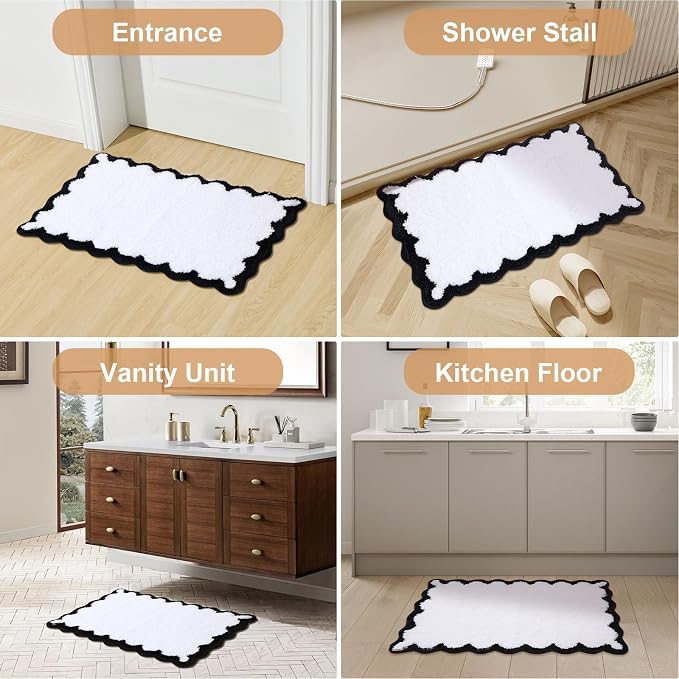 ORTIGIA Small Cute Scalloped Bath Mat, White and Black Plush Microfiber Scallop Bathroom Rugs Non Slip Washable Quick Dry Absorbent, Bathmat for Shower Stall Vanities Kitchen Floor Entrance, 17x24