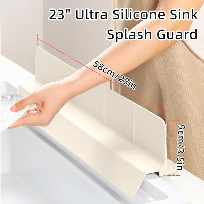 23" Ultra Silicone Sink Splash Guard Released in 2026,Self-Draining Water Splash Guard for Kitchen Sink,Bathroom and Island,with 3.5" High Splash Guard & 7 Strong Suction Cup (Beige)