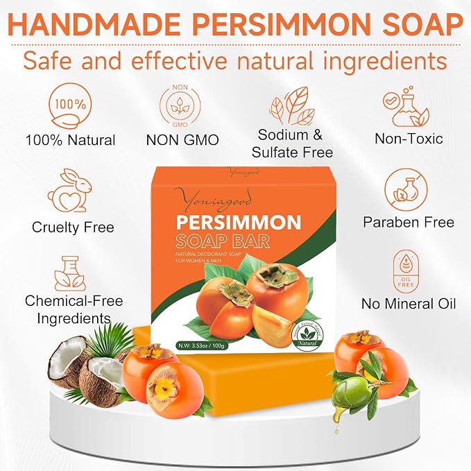 yoniagood 3 PCS Persimmon Soap Bar for Body Odor Control, Natural Refreshing Body Bar Soap for Old People Smell, Organic Deep Cleaning Body Face Wash Soap for Women & Men All Skin Types