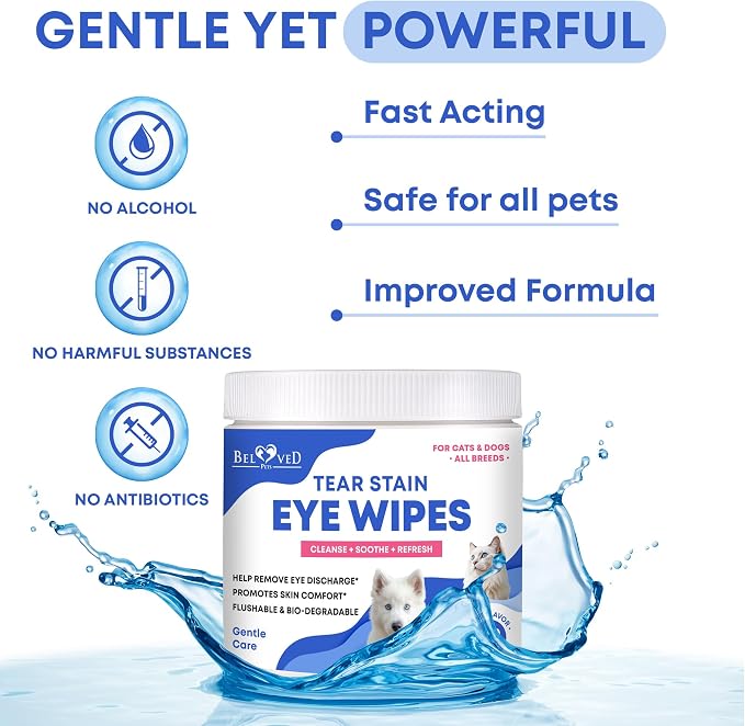 Beloved Pets Cat & Dog Eye Wash Wipes & Tear Stain Remover, Cleaner | Eye Infection Treatment Helps Prevent Pink Eye, Relief Allergies Symptoms, Runny, Dry Eyes - Safe for Small Animals