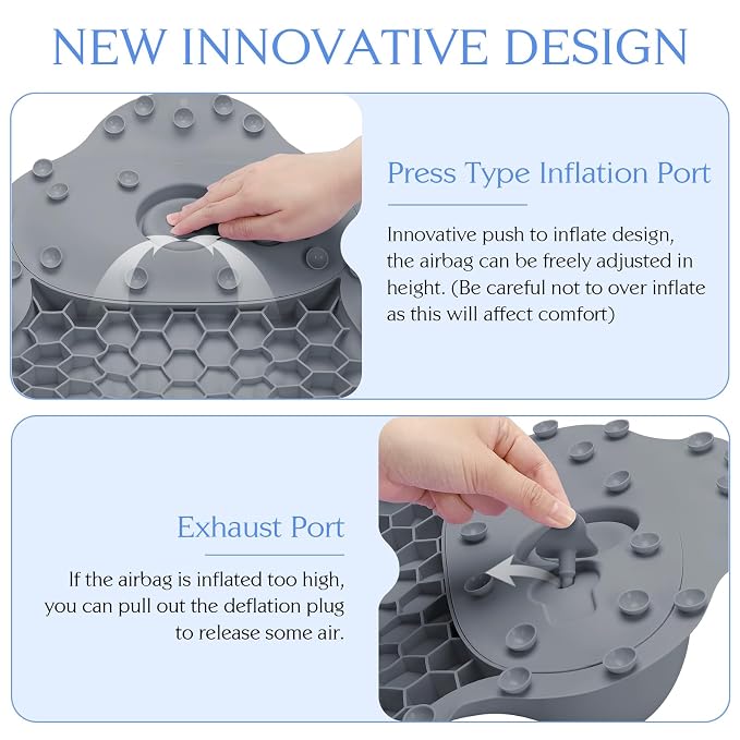 Silicone Bath Pillow, New Material Bath Pillows for Tub Head Neck and Back Support, Bath Tub Pillow with 4D Press Inflatable Airbag and Non-Slip Strong Suction Cups, Quick-Drying, Easy to Store, Gray