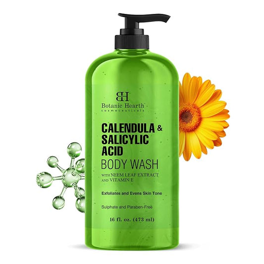 Botanic Hearth Calendula & Salicylic Acid Body Wash – Exfoliating Shower Gel with Neem Leaf Extract & Vitamin E, Clarifying Cleanser, Sulfate & Paraben Free – 16 fl oz
