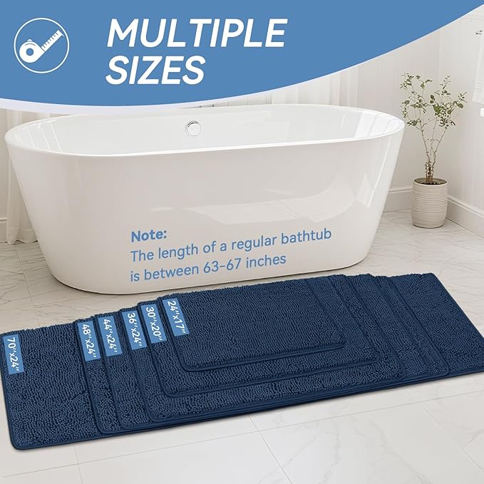 Bcoimo 48x24 Chenille Bath Mat – Non-Slip with Backing Bath Rug Ultra-Absorbent and Machine Washable Bathroom Mat Quick-Dry Design. Ideal for Bathroom Shower and Tub Areas