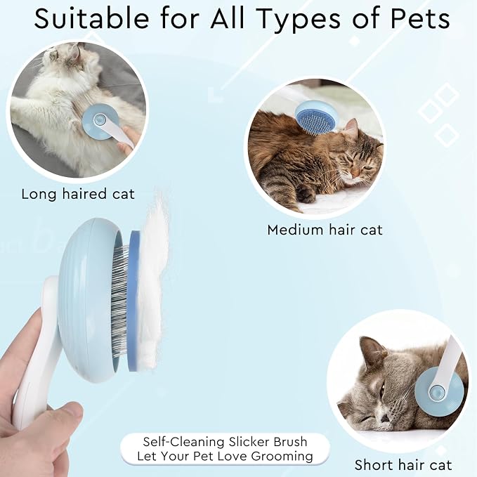 Cat Grooming Glove Brush, Self-Cleaning Slicker Pet Brush for Short and Long Haired Pets, Dog Bath Brush for Shedding and Grooming, Removes Loose Hair and Tangles, Blue