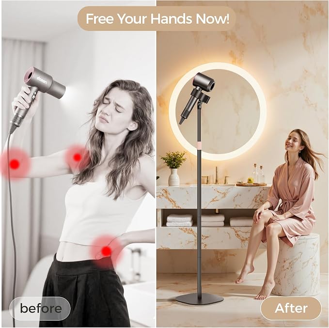 Hair Dryer Stand, 1.68M Height Adjustable Blow Dryers Holder, Ultra Stable Holder with 360° Rotating, Universal Clips, Work with All Dryer, Floor Dryer Stand for Salons or Home Use