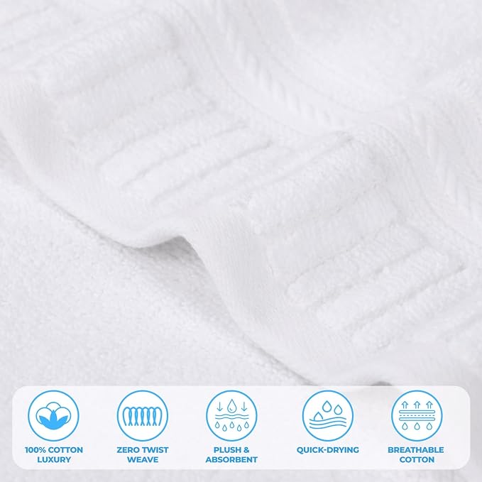 Superior Venice Zero Twist Cotton Medium Weight Towels, for Guest Bath, Bathroom, Shower, Spa, Plush Towels, Bath Essentials, Ribbed Textured Border, 6 Piece Assorted Towel Set, White