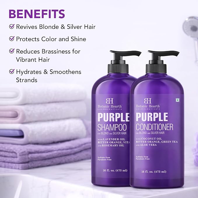 Botanic Hearth Purple Shampoo And Conditioner Set | For All Shades Of Blonde, Silver And Gray Hair | Enhances Highlights | Sulfate Free, Paraben Free, 16 Fl Oz Each
