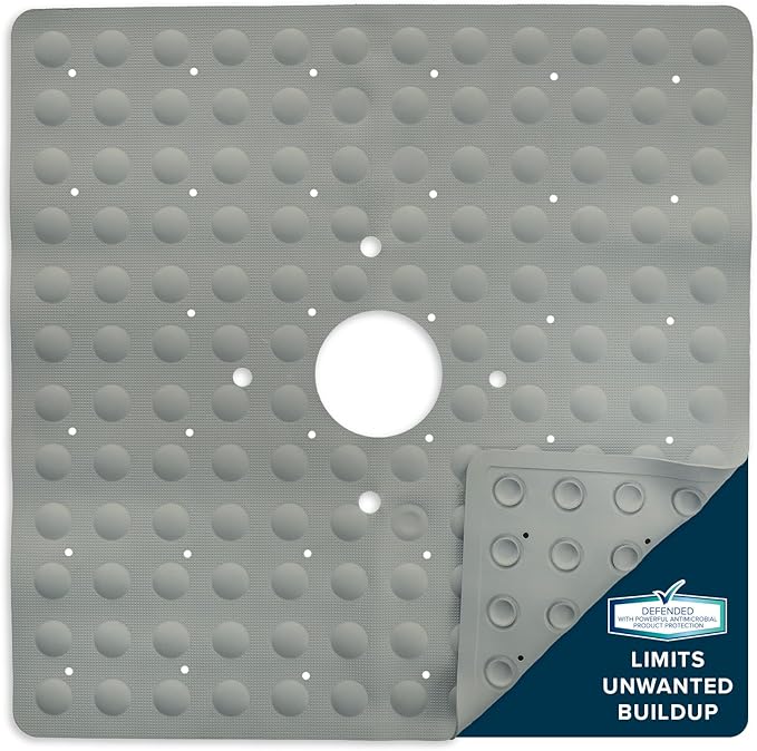 SlipX Solutions Square Natural Rubber Shower Stall Mat, 21” x 21”, Mildew Resistant, Non Slip Safety, Antimicrobial Product Protection, 140 Power Grip Suction Cups, Center Drain Hole, Tan