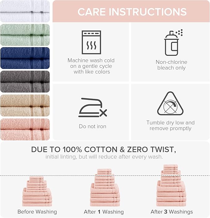Comfort Spaces 12 Pc Towel Set, 100% Cotton Zero Twist, Blush | Zero Twist Cotton, Quick Dry Ultra Soft, 4 Bath 4 Hand 4 Washcloth, Lightweight Absorbent for Everyday Bathroom Use
