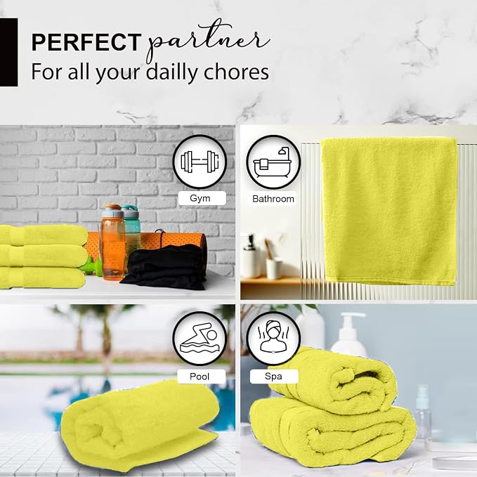 KAHAF COLLECTION 100% Cotton Bath Towels, 24x48 Pack of 6 Towels, Quick Dry, Highly Absorbent, Soft Feel Towel, Gym, Spa, Bathroom, Shower, Pool, Luxury Soft Towels (Yellow, 24x48-6 Pack)