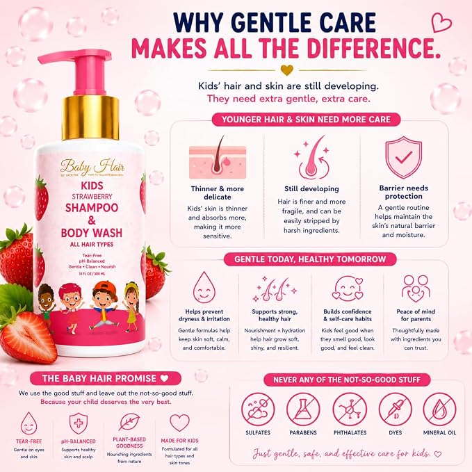 BABY HAIR - Strawberry Mineral Kids Shampoo/Body Wash, Sulfate-Free Tearless Shampoo and Body Wash, Shampoo For Kids with Strawberry Oil, Camellia Oil, and Biotin, No Tears Shampoo, 10 fl.oz.
