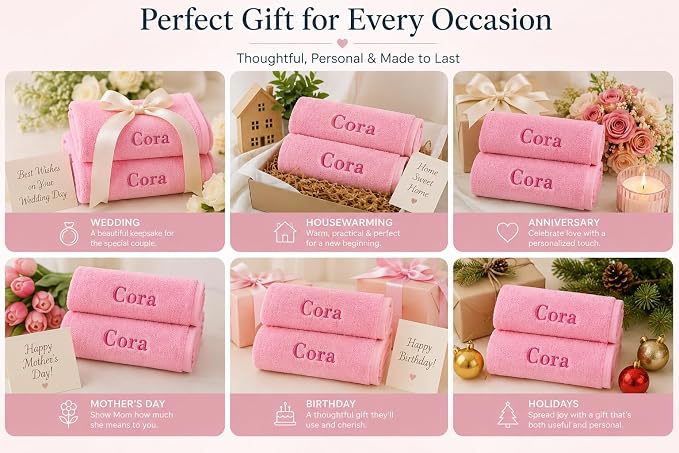 Personalized Towels - Set of 3 - Customized Turkish Bath Towel - Cotton Towel Set -Monogrammed Towels with Initials Name Embroidery - Pink Towel - Custom Gift (Pink, 3 Pieces - Towel Set)