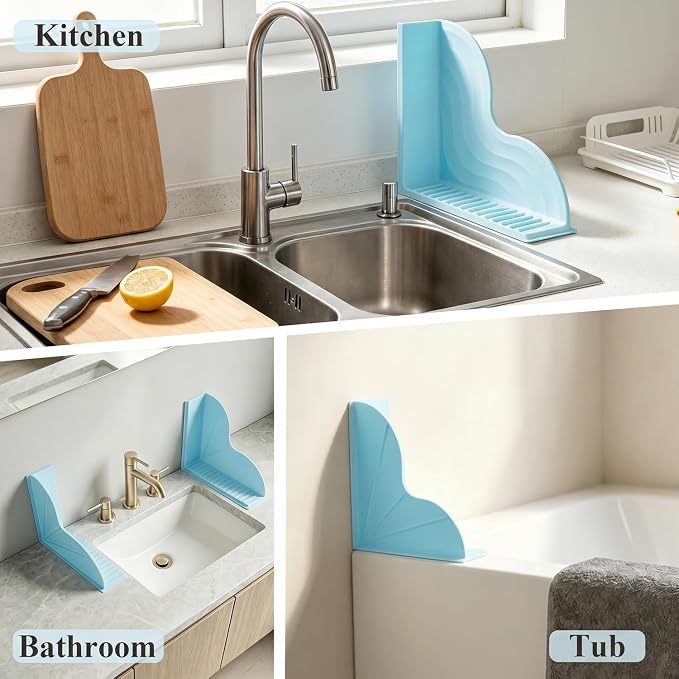 2-Pack Blue All-Silicone Bathtub Splash Guards. | No-Glue Corner Water Stopper with Secure Suction Cups, Easy On/Off Bath Tub Leak Proof Barrier for Walk-in Showers.